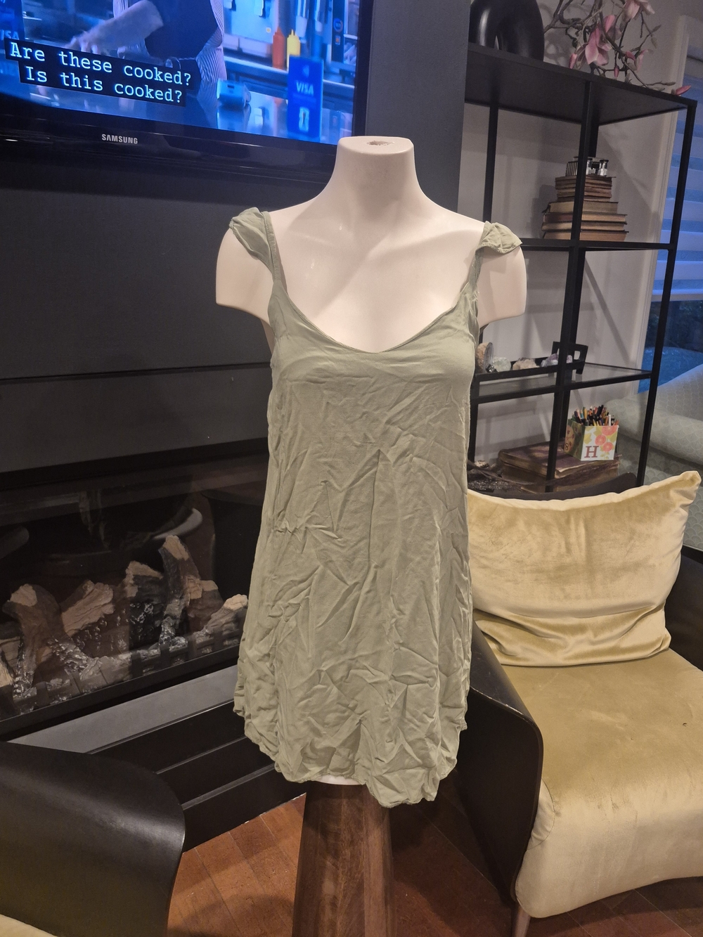 Cotton Olive Green Sleeveless Dress Size S No Brand Tag - Picture 2 of 3